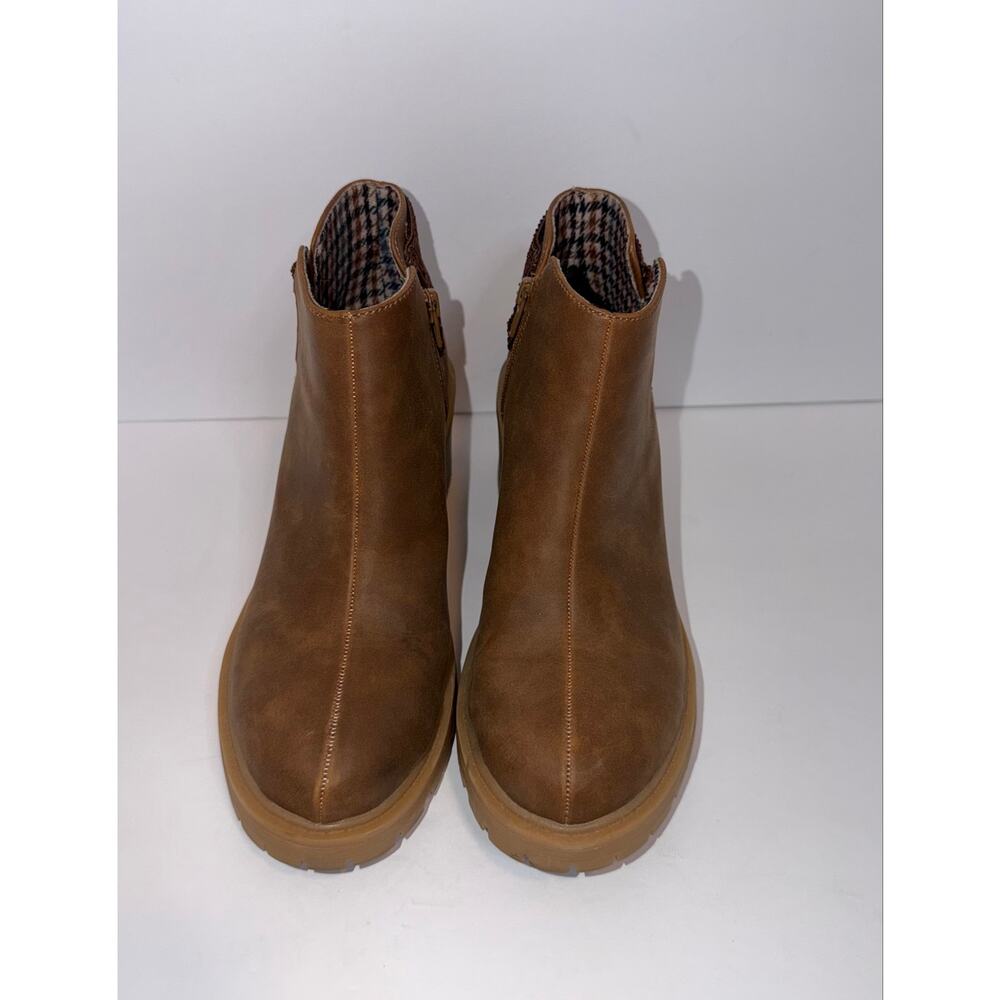 Muk Luks Brown Faux Leather Ankle Booties Size 7.5 Knit Cuff Lug Sole 2.5” Heel - Picture 2 of 11